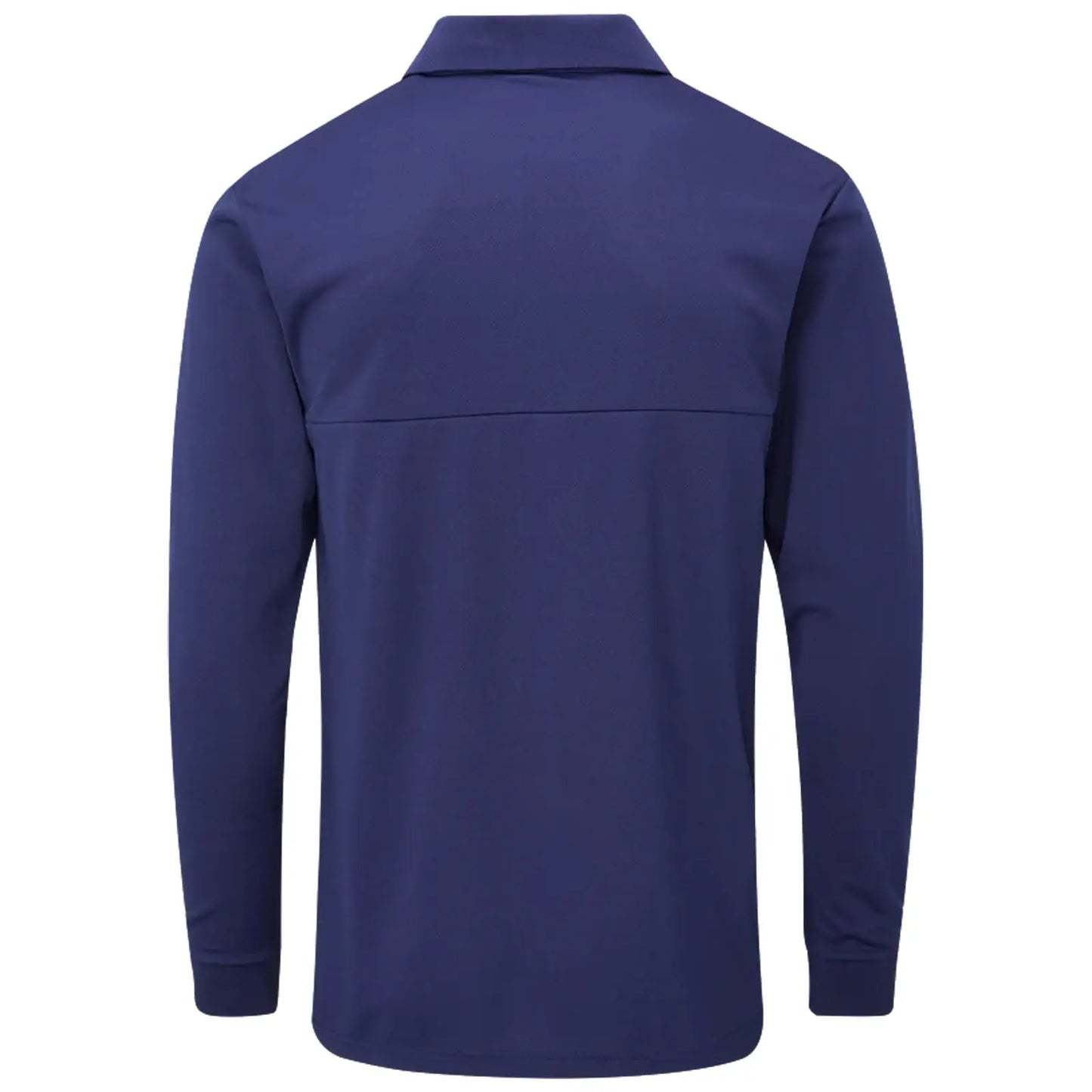 A navy long-sleeved polo shirt is displayed with a traditional collar and a seamless back design, showcasing a simple and understated style suitable for casual or semi-formal settings.