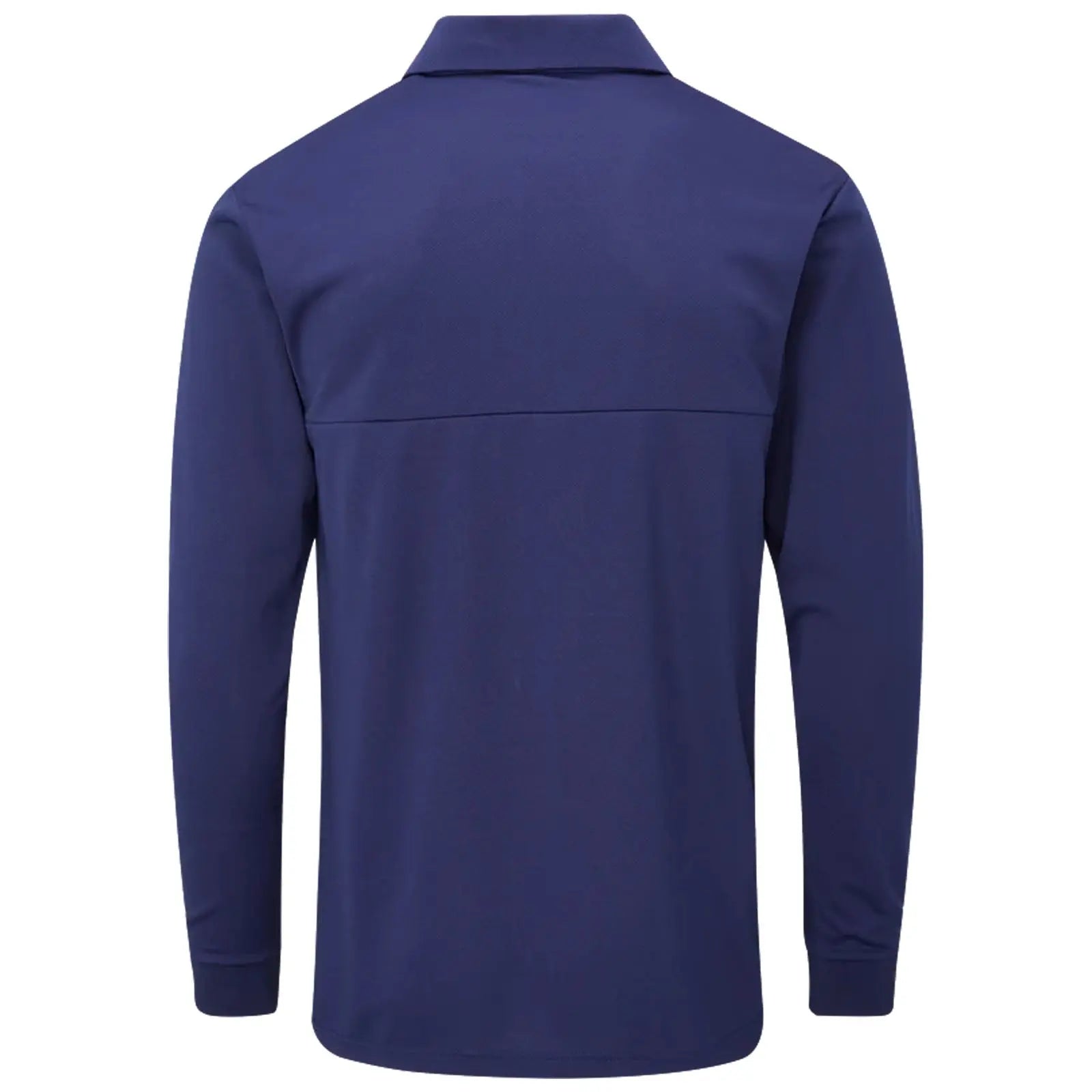 A navy long-sleeved polo shirt is displayed with a traditional collar and a seamless back design, showcasing a simple and understated style suitable for casual or semi-formal settings.