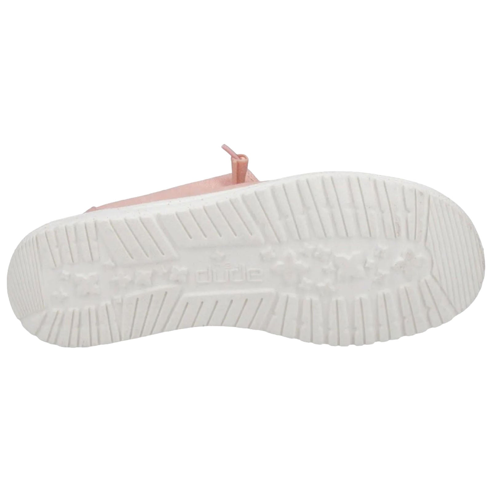 A pink sandal with a white textured sole shows the bottom view displaying grooves and the brand name dude embossed in the center against a simple background.