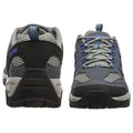A pair of gray athletic shoes shows the back and side views with a mesh upper and black accents blue laces and a sturdy sole suitable for outdoor activities.