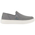 A gray slip-on shoe features a low profile and a white rubber sole with a textured pattern ideal for casual wear and comfort in various settings.