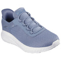 A blue athletic shoe with a textured fabric surface features elastic laces and a white sole resting on a clean background, designed for comfort and easy wear.