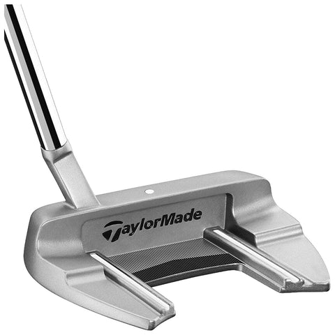 A golf putter is displayed prominently with a shiny silver finish and a smooth flat face designed for striking the golf ball situated against a plain white background.