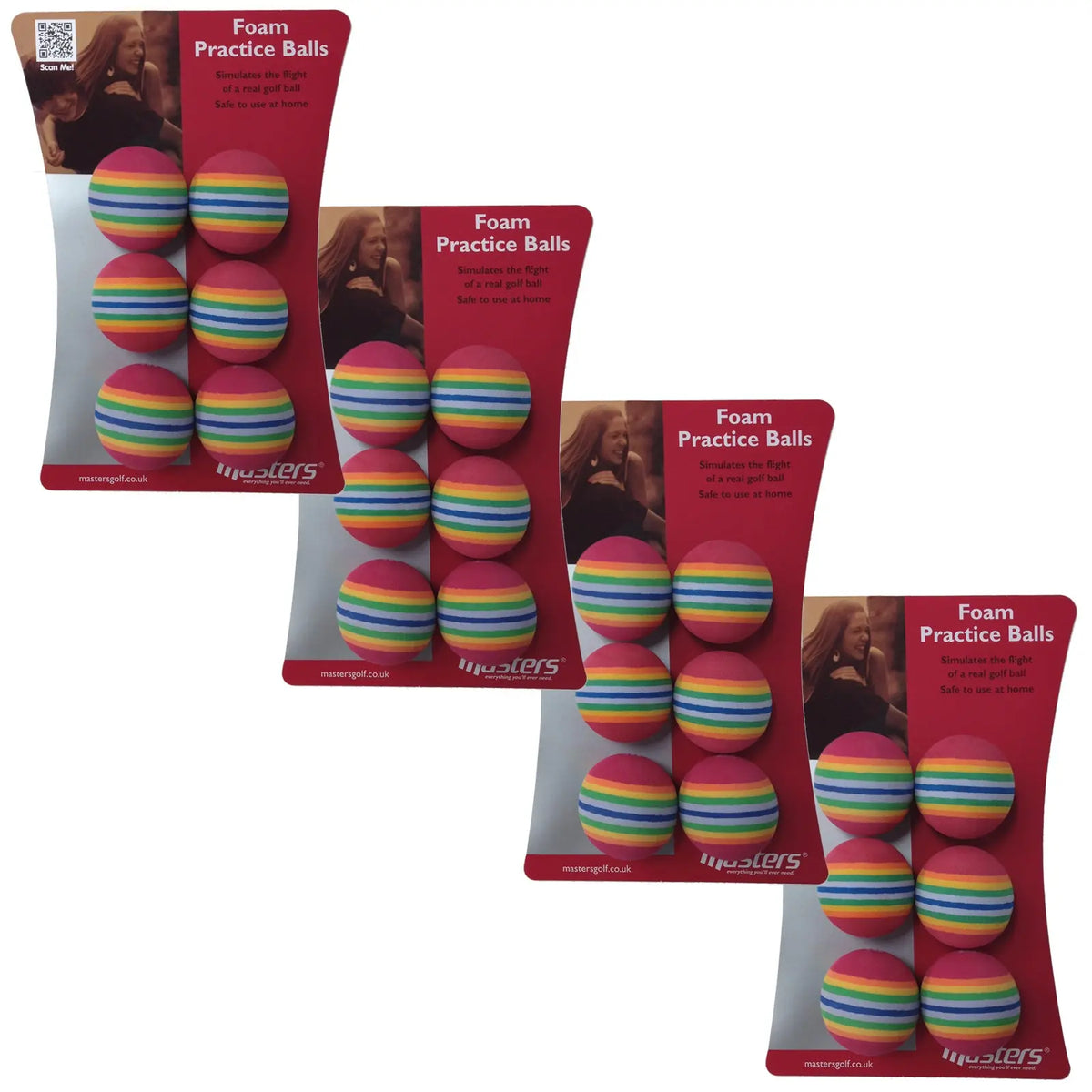 Colorful foam practice balls are arranged on packaging displaying the text Foam Practice Balls Simulates the flight of a real golf ball Safe to use at home.