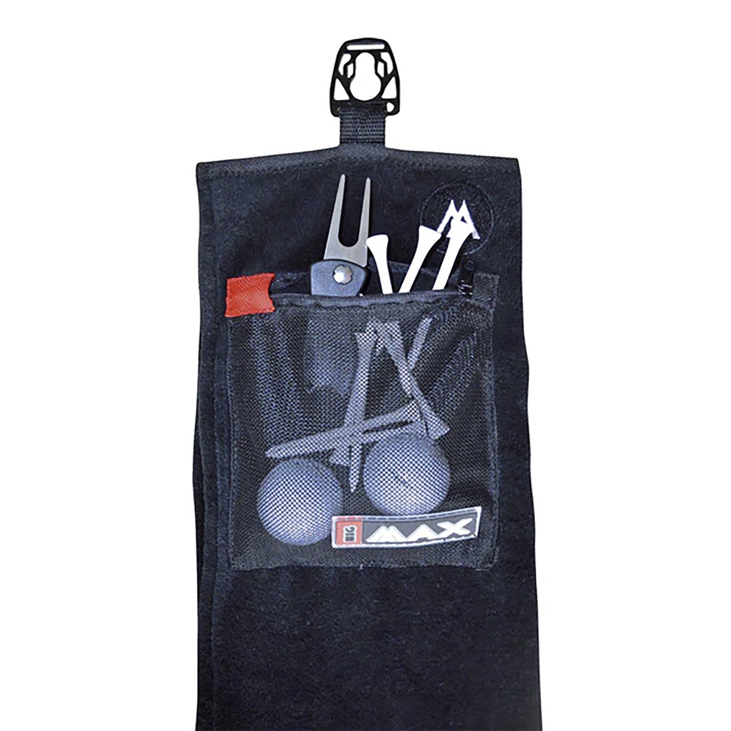 A black pouch hangs down holding various golf accessories including a fork tool and two golf balls inside a mesh pocket, suitable for use on a golf course.