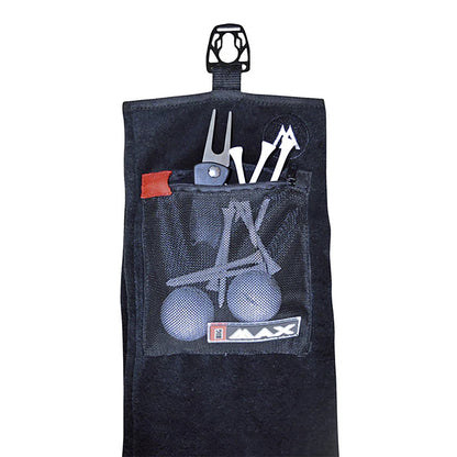 A black pouch hangs down holding various golf accessories including a fork tool and two golf balls inside a mesh pocket, suitable for use on a golf course.