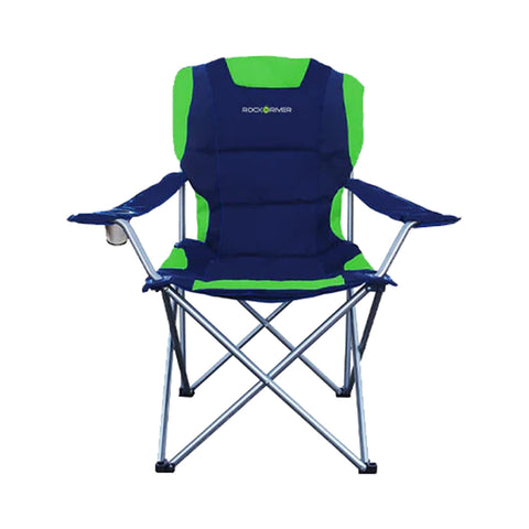 A folding camping chair features a navy blue and green fabric design with armrests and a side cup holder providing a portable seating option suitable for outdoor activities.