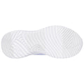 A white athletic shoe sole displays a textured pattern designed for traction and grip on various surfaces situated against a plain background.