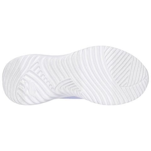 A white athletic shoe sole displays a textured pattern designed for traction and grip on various surfaces situated against a plain background.