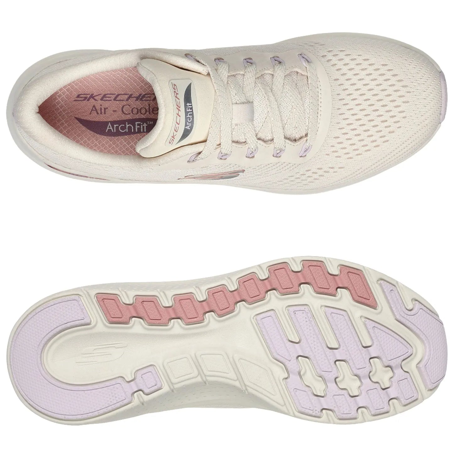 A light-colored athletic shoe is displayed from a top view showcasing a mesh upper and laces while the sole features varying textures and colors designed for grip and cushioning. Text on the insole reads SKECHERS Air-Cooled ArchFit.