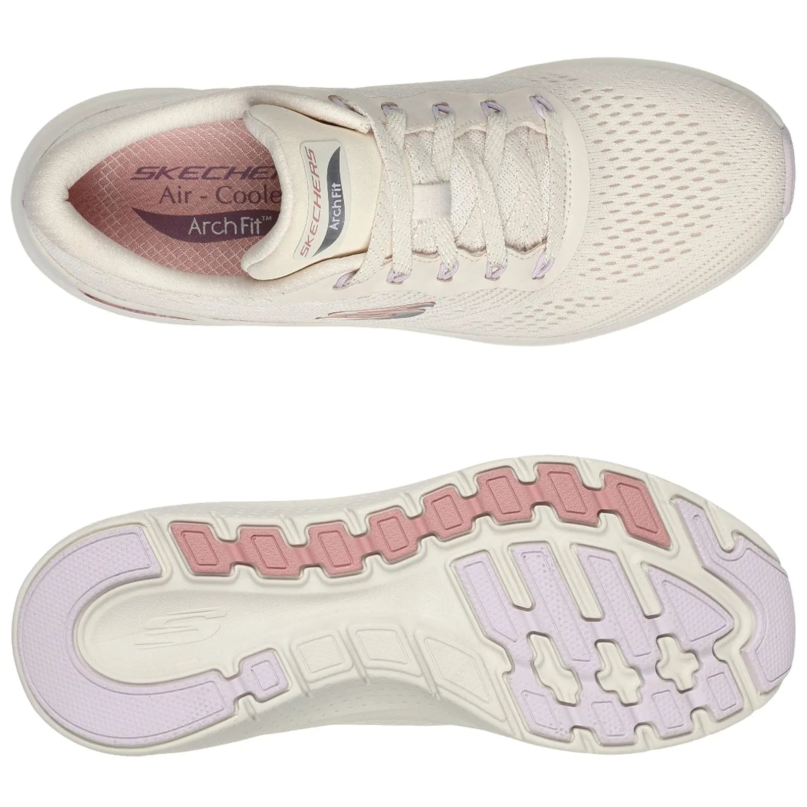A light-colored athletic shoe is displayed from a top view showcasing a mesh upper and laces while the sole features varying textures and colors designed for grip and cushioning. Text on the insole reads SKECHERS Air-Cooled ArchFit.