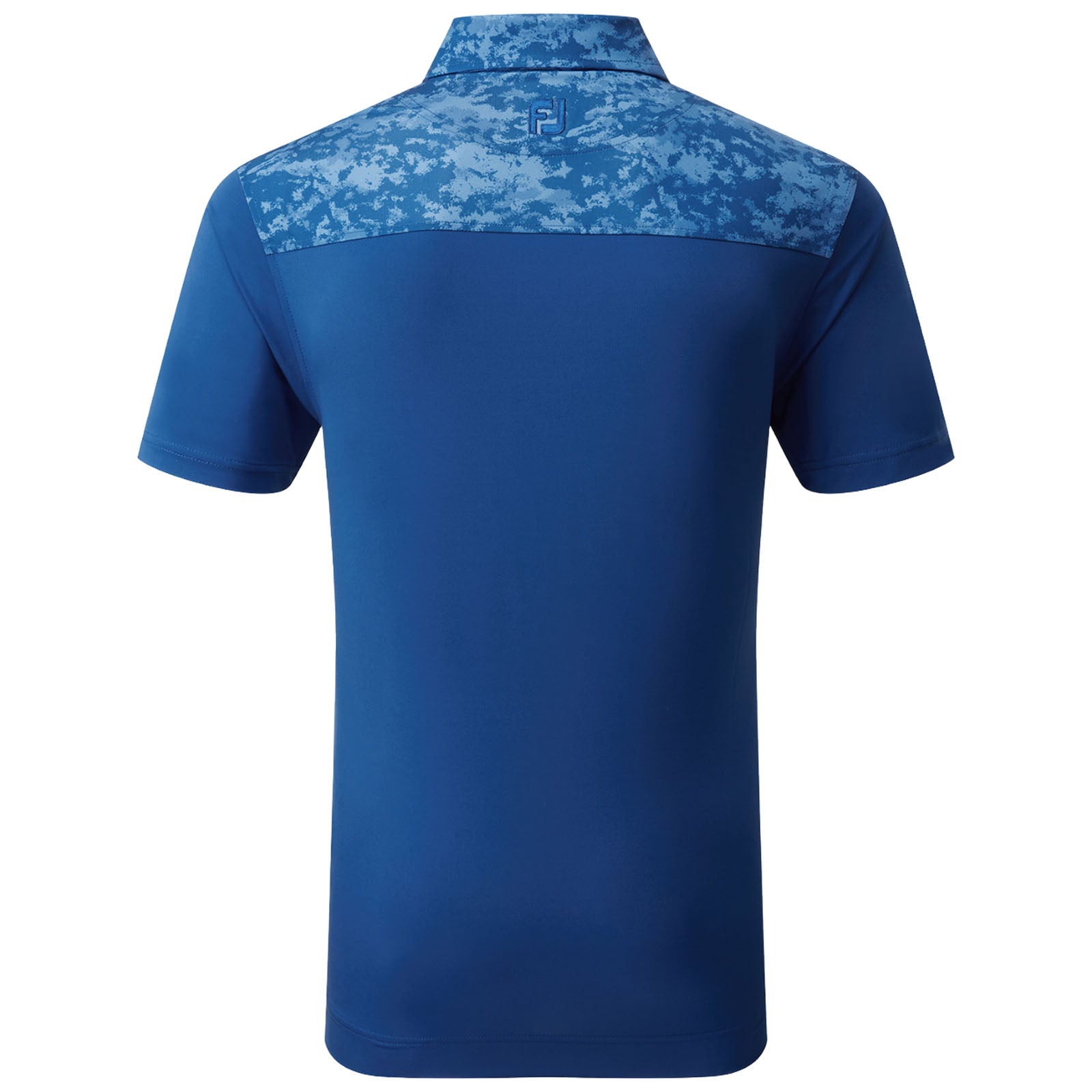 A blue polo shirt is displayed from the back featuring a patterned blue upper section and a logo on the collar area designed for sports or casual wear.