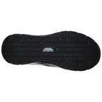A black shoe sole is displayed with a textured grip pattern featuring grooves and treads designed for traction labeled with the words Relaxed Fit and Slip Resistant