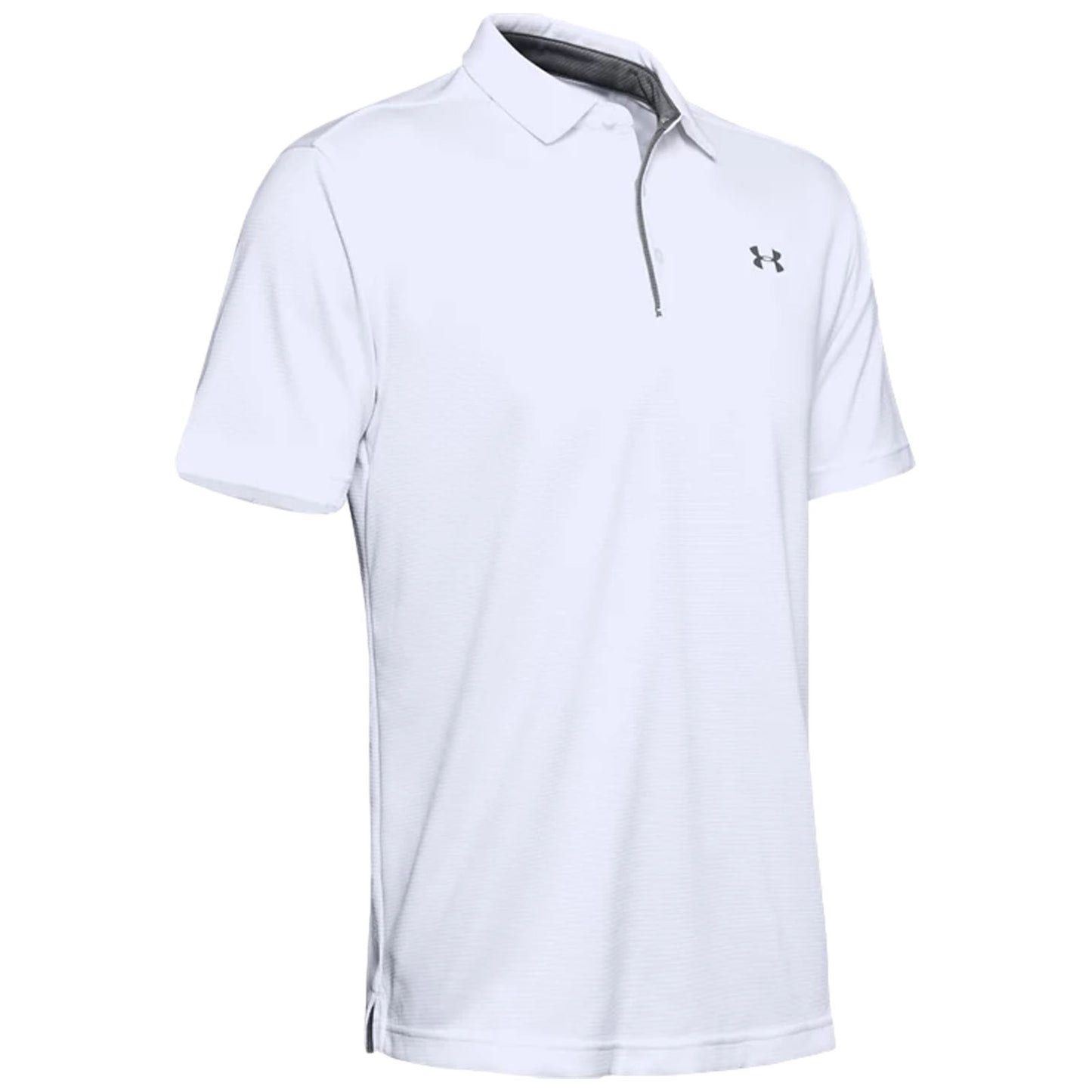 A white polo shirt hangs with short sleeves featuring a collar and a partial zipper the context suggests casual or athletic wear likely suited for outdoor activities.