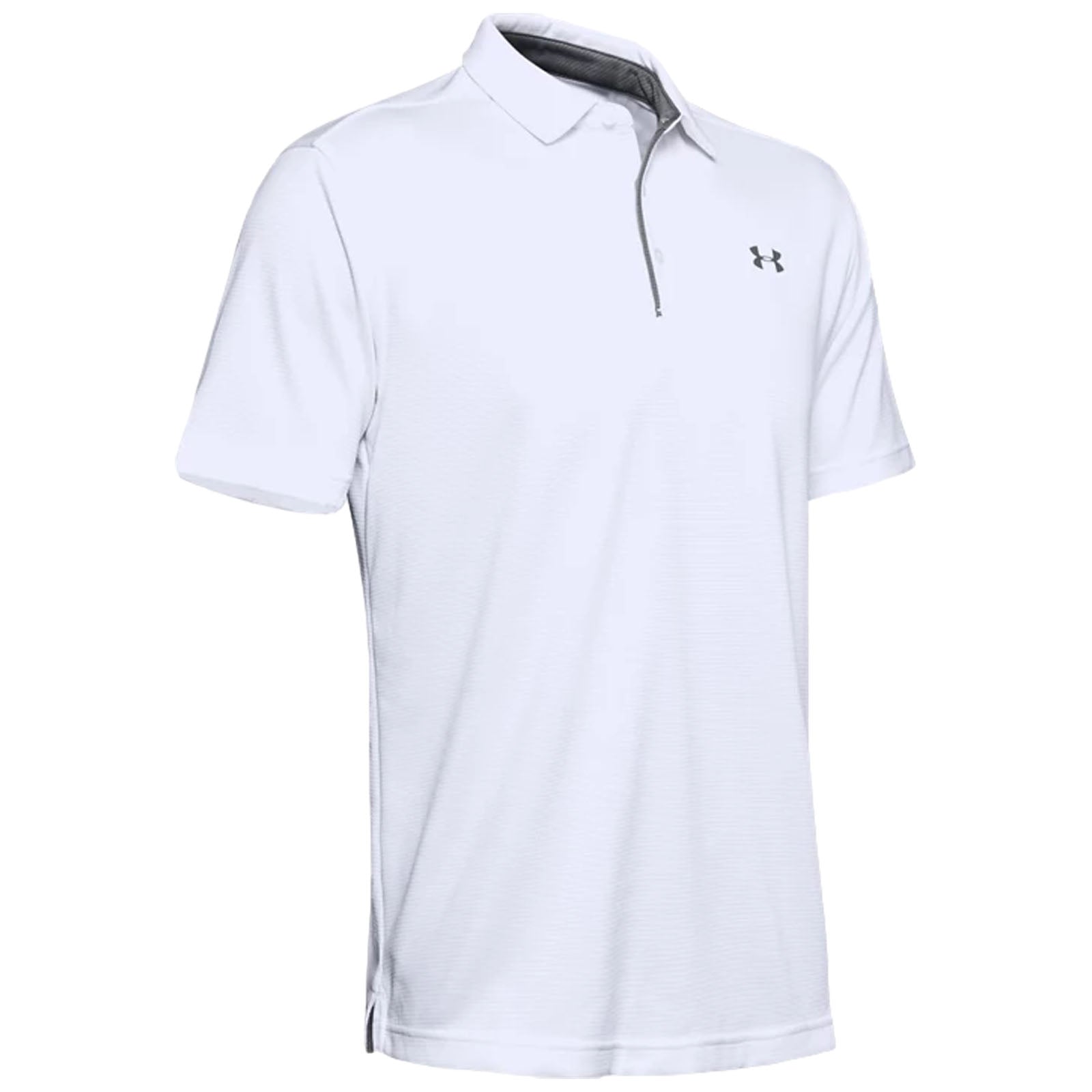 A white polo shirt hangs with short sleeves featuring a collar and a partial zipper the context suggests casual or athletic wear likely suited for outdoor activities.