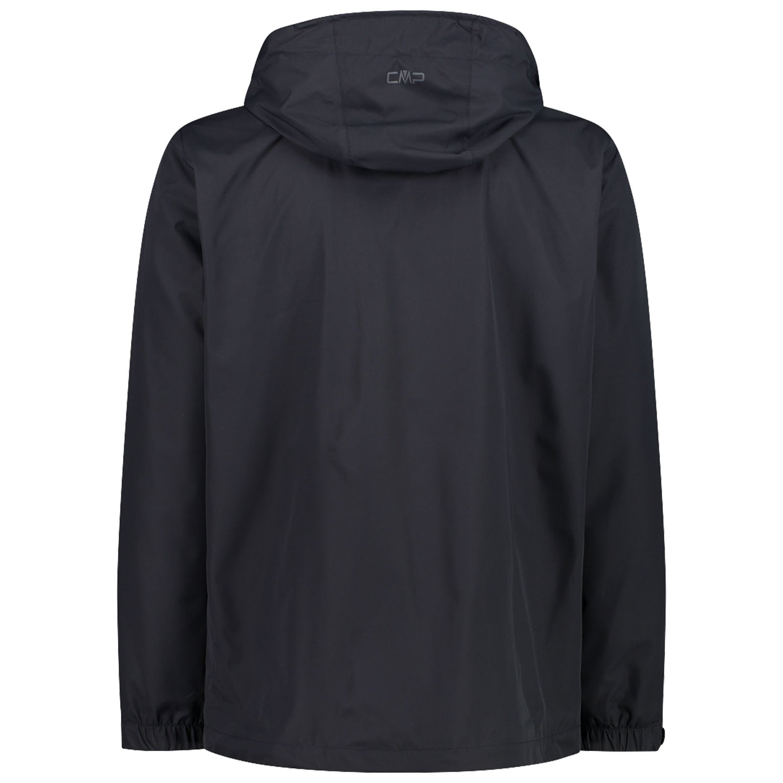 A black waterproof jacket hangs with a hood down and elastic cuffs showcasing a simple design in a neutral setting that emphasizes its practicality and functionality.
