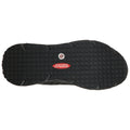 A black shoe sole features intricate tread patterns and a red label indicating it is slip resistant designed for traction on various surfaces.