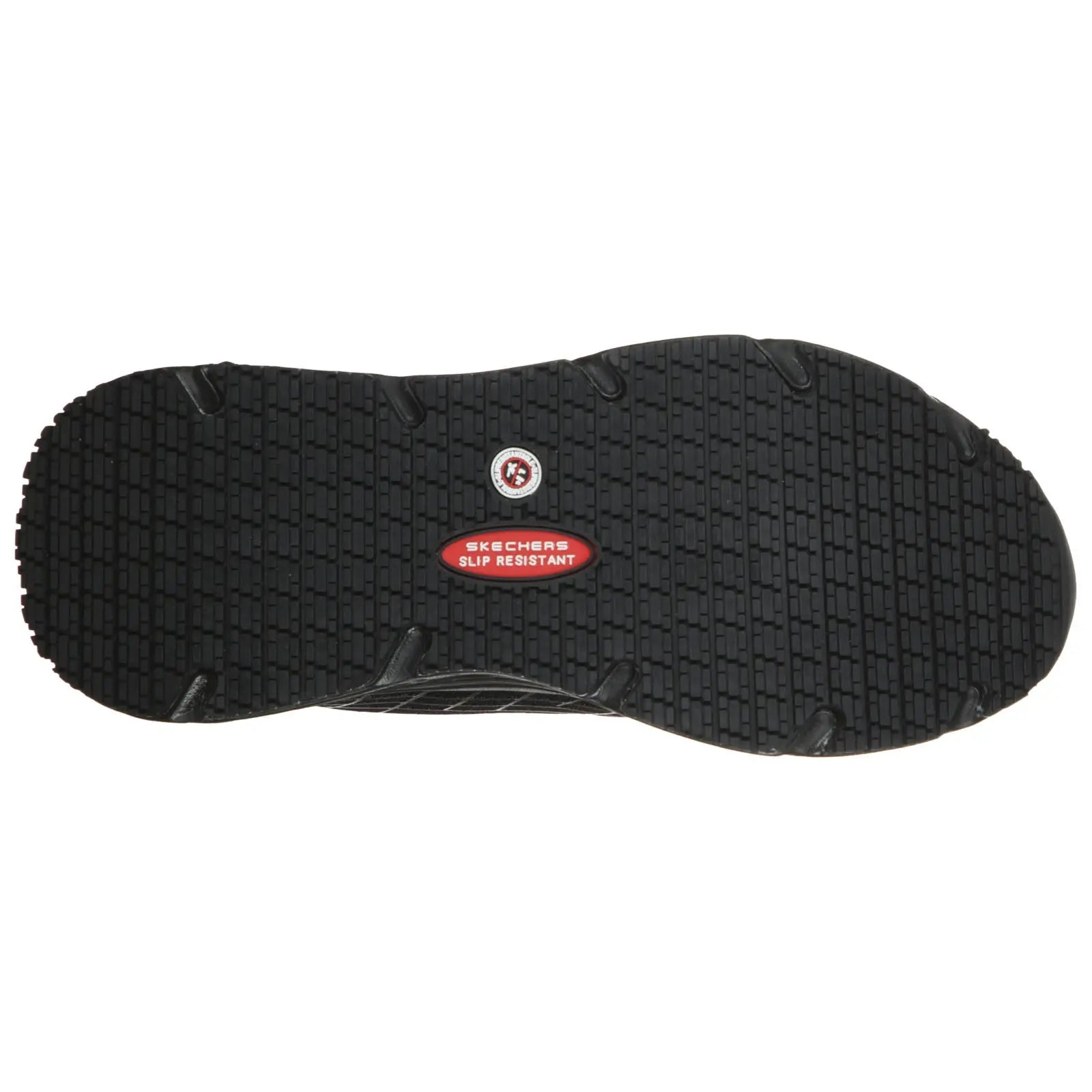 A black shoe sole features intricate tread patterns and a red label indicating it is slip resistant designed for traction on various surfaces.