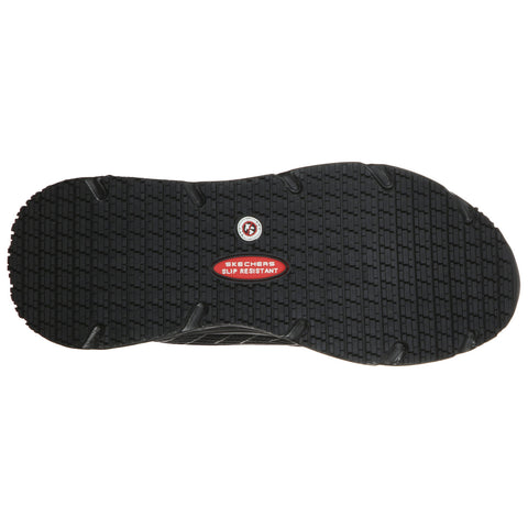 A black shoe sole features intricate tread patterns and a red label indicating it is slip resistant designed for traction on various surfaces.