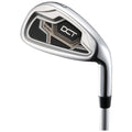 A golf club with a sleek, metallic head and a stylish design rests upright against a neutral background indicating it is ready for use in a game of golf.