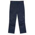 Navy work pants are displayed laid flat showing multiple pockets including side and front pockets designed for utility in a practical work environment. A logo is visible on the fabric.