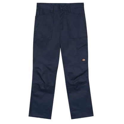 Navy work pants are displayed laid flat showing multiple pockets including side and front pockets designed for utility in a practical work environment. A logo is visible on the fabric.