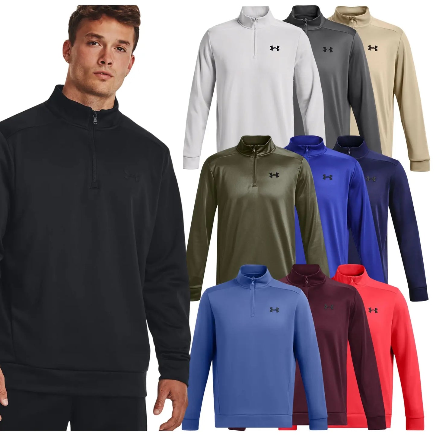A young man stands wearing a black zip-up pullover next to a display of various colored sweatshirts including white gray green blue red and maroon in a clothing retail context.