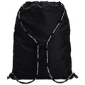 A black drawstring backpack rests flat with a gathered top and adjustable straps featuring the brand name Under Armour printed in white. It is designed for carrying items conveniently.