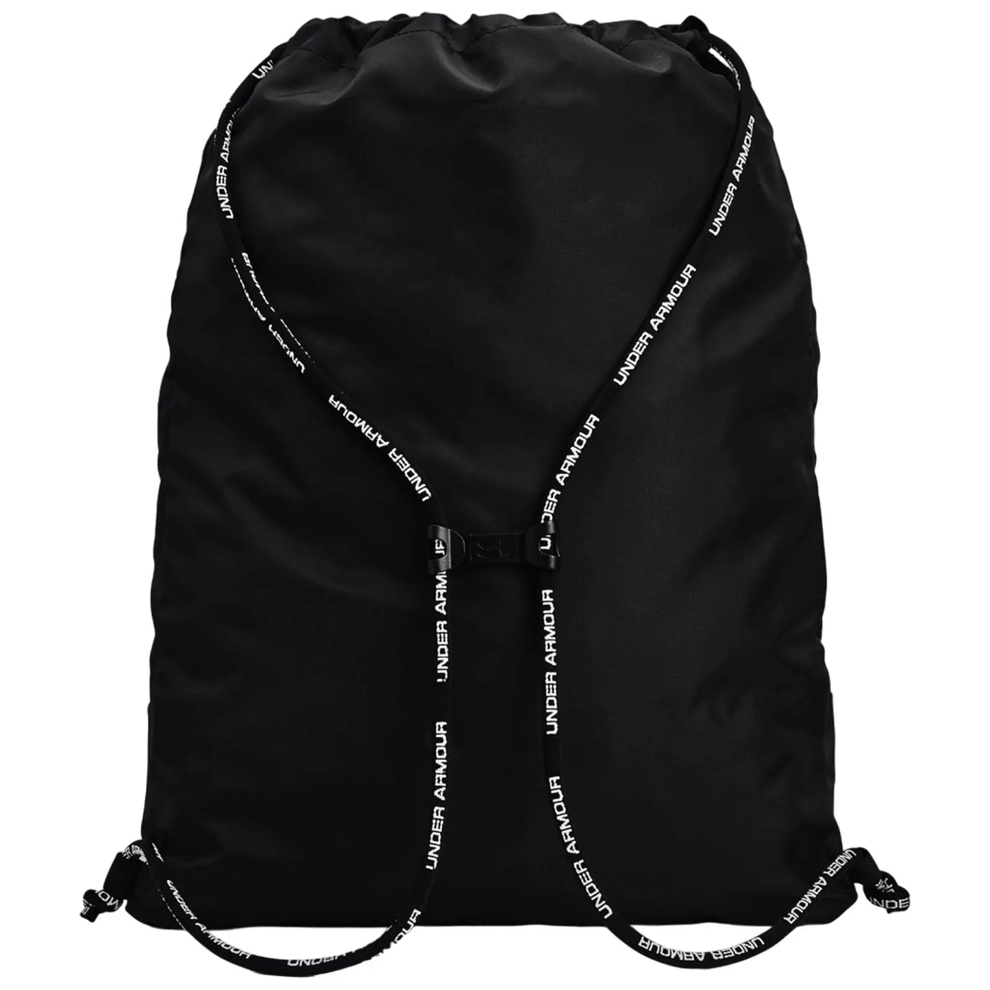 A black drawstring backpack rests flat with a gathered top and adjustable straps featuring the brand name Under Armour printed in white. It is designed for carrying items conveniently.
