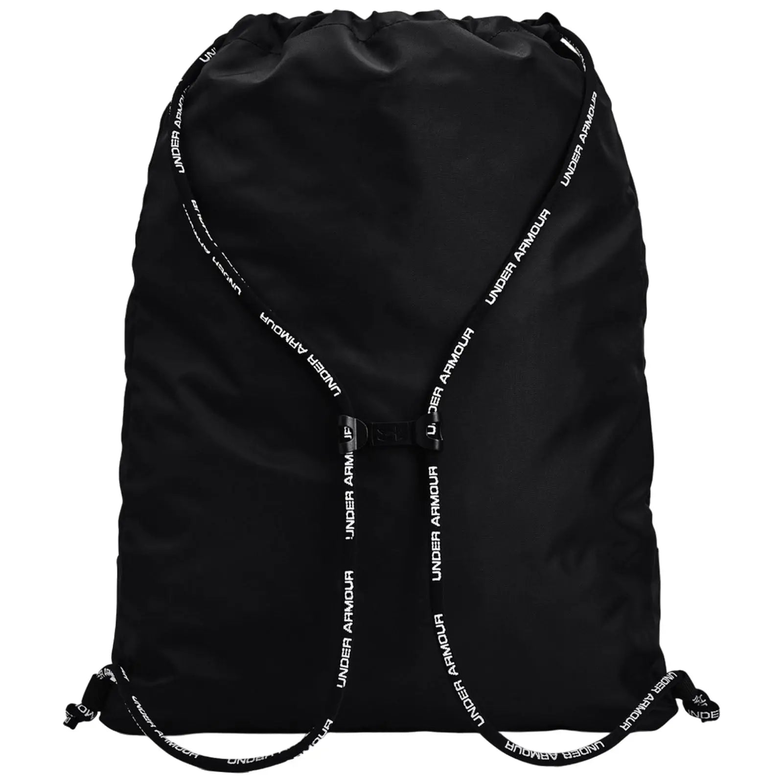 A black drawstring backpack rests flat with a gathered top and adjustable straps featuring the brand name Under Armour printed in white. It is designed for carrying items conveniently.