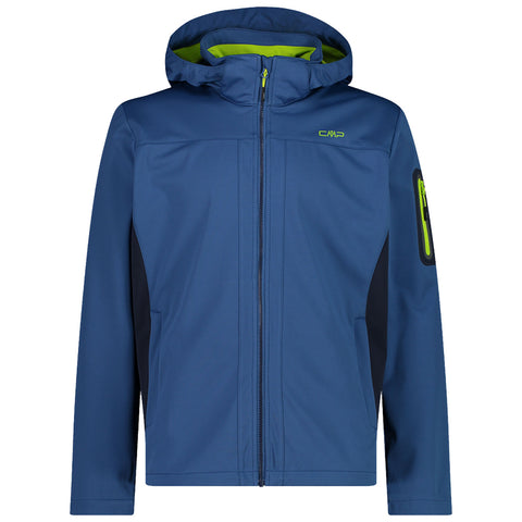 A blue hooded jacket is displayed frontally with a zipper and green accents on the inside and a pocket on the sleeve showcasing a sporty design suitable for outdoor activities.