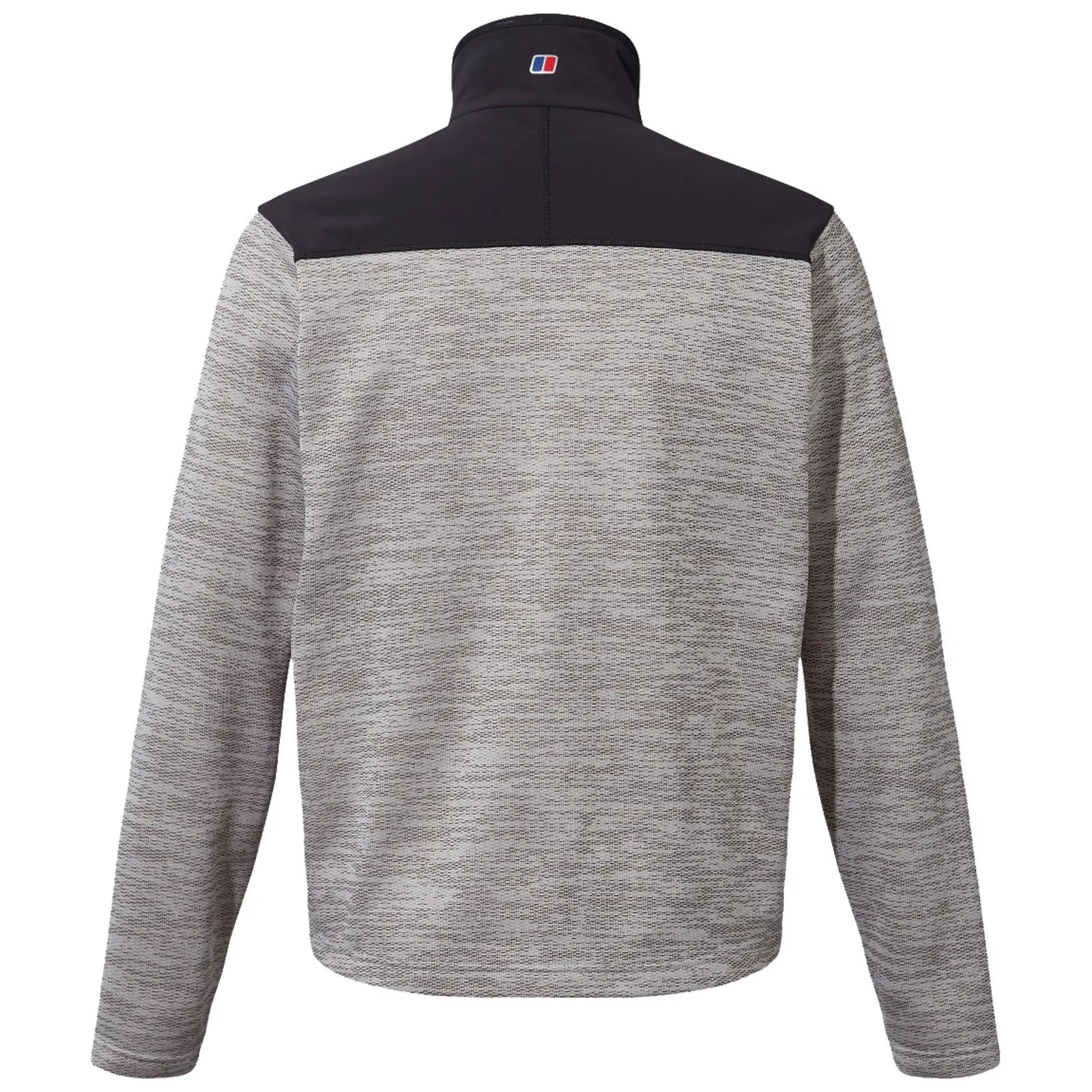 A long-sleeved pullover jacket with a grey textured body and a black upper section is displayed from the back against a plain white background