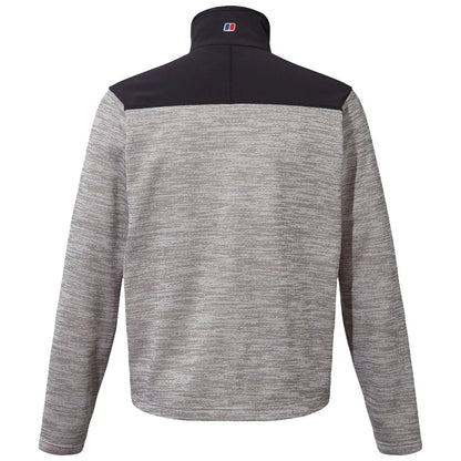 A long-sleeved pullover jacket with a grey textured body and a black upper section is displayed from the back against a plain white background