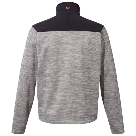 A long-sleeved pullover jacket with a grey textured body and a black upper section is displayed from the back against a plain white background