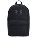 A black backpack features a prominent Under Armour logo in a sleek design. It is zippered and ready for carrying books or gear, suitable for school or outdoor activities.