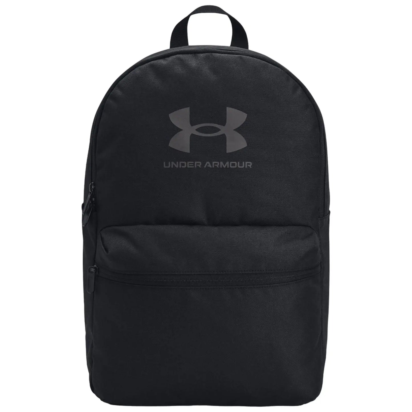 A black backpack features a prominent Under Armour logo in a sleek design. It is zippered and ready for carrying books or gear, suitable for school or outdoor activities.