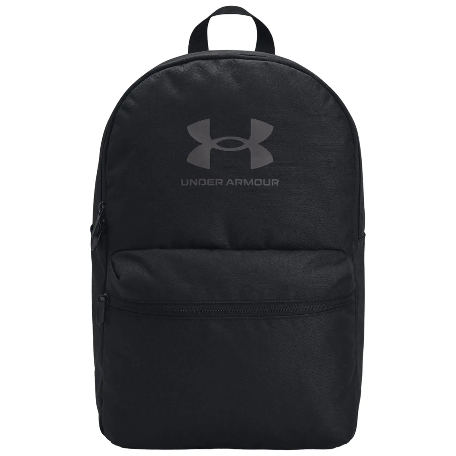 A black backpack features a prominent Under Armour logo in a sleek design. It is zippered and ready for carrying books or gear, suitable for school or outdoor activities.
