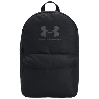 A black backpack features a prominent Under Armour logo in a sleek design. It is zippered and ready for carrying books or gear, suitable for school or outdoor activities.