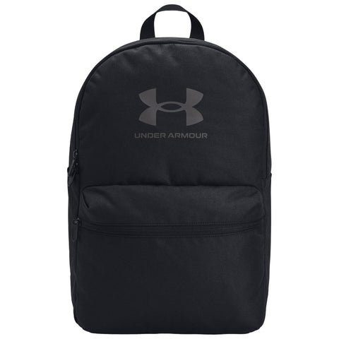 A black backpack features a prominent Under Armour logo in a sleek design. It is zippered and ready for carrying books or gear, suitable for school or outdoor activities.