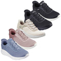 Five pairs of sneakers are displayed in various colors including black, beige, pink, and blue with a textured upper and elastic laces showcasing a sporty design suitable for casual wear or exercise.