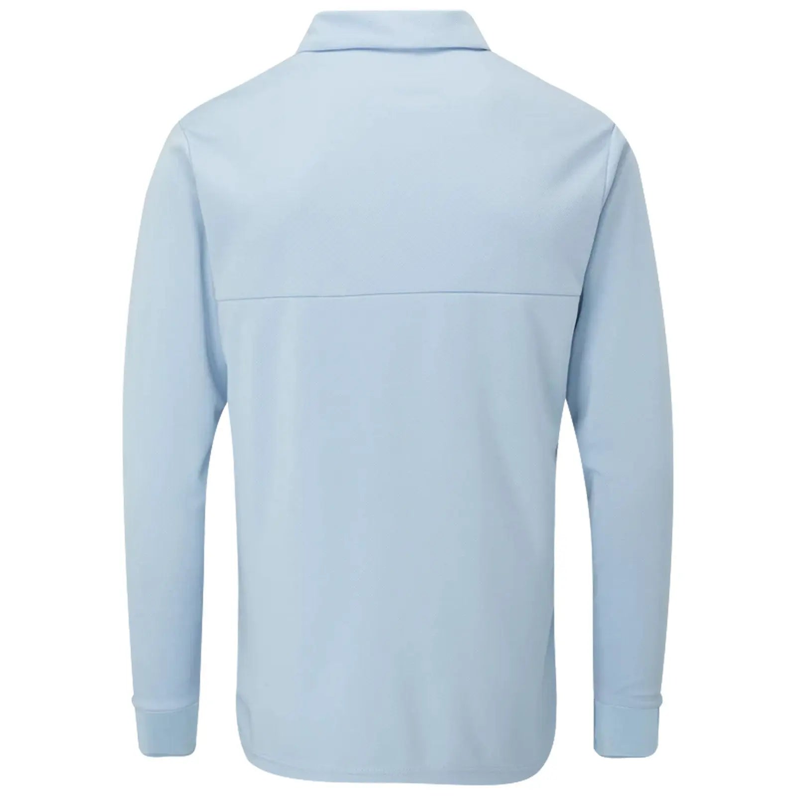 A light blue long-sleeve shirt is displayed with a collar and a plain back view showcasing a smooth texture and fitted sleeves suitable for casual or athletic wear.