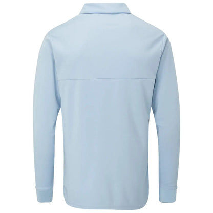 A light blue long-sleeve shirt is displayed with a collar and a plain back view showcasing a smooth texture and fitted sleeves suitable for casual or athletic wear.