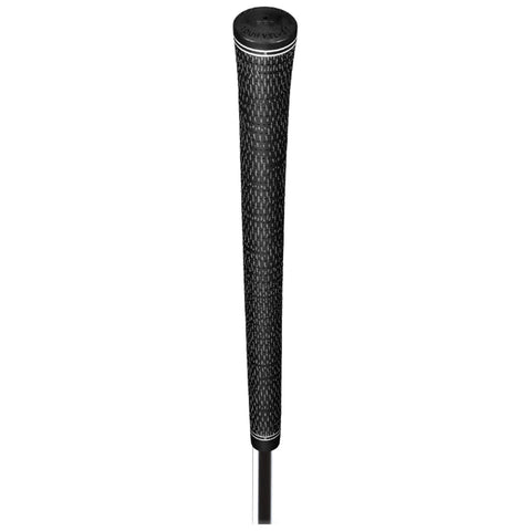 A black golf club grip is prominently displayed standing upright showing its textured surface designed for improved hold and control in a golfing context