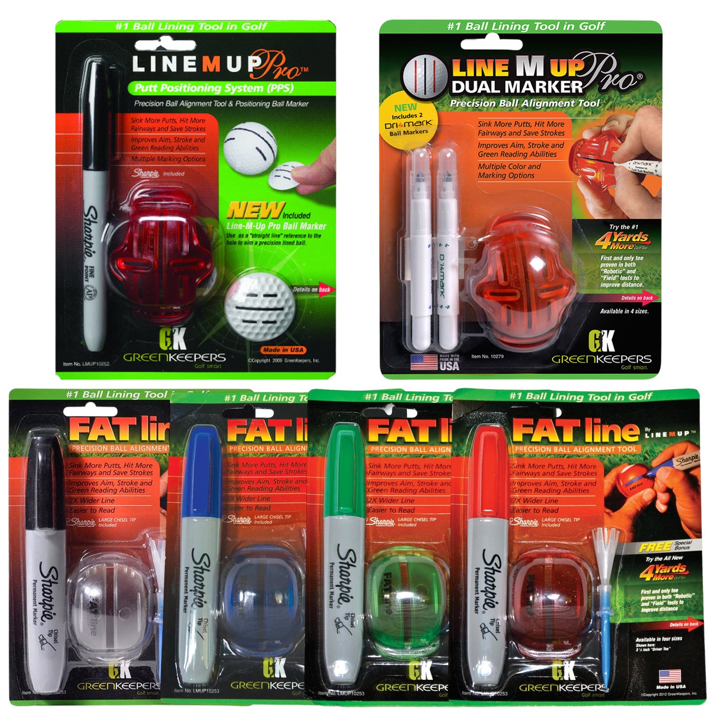 Golf ball alignment tools are displayed in packaging showcasing various markers and aligners for precision in putting. Each package highlights features like improved sinking and accuracy in strokes.