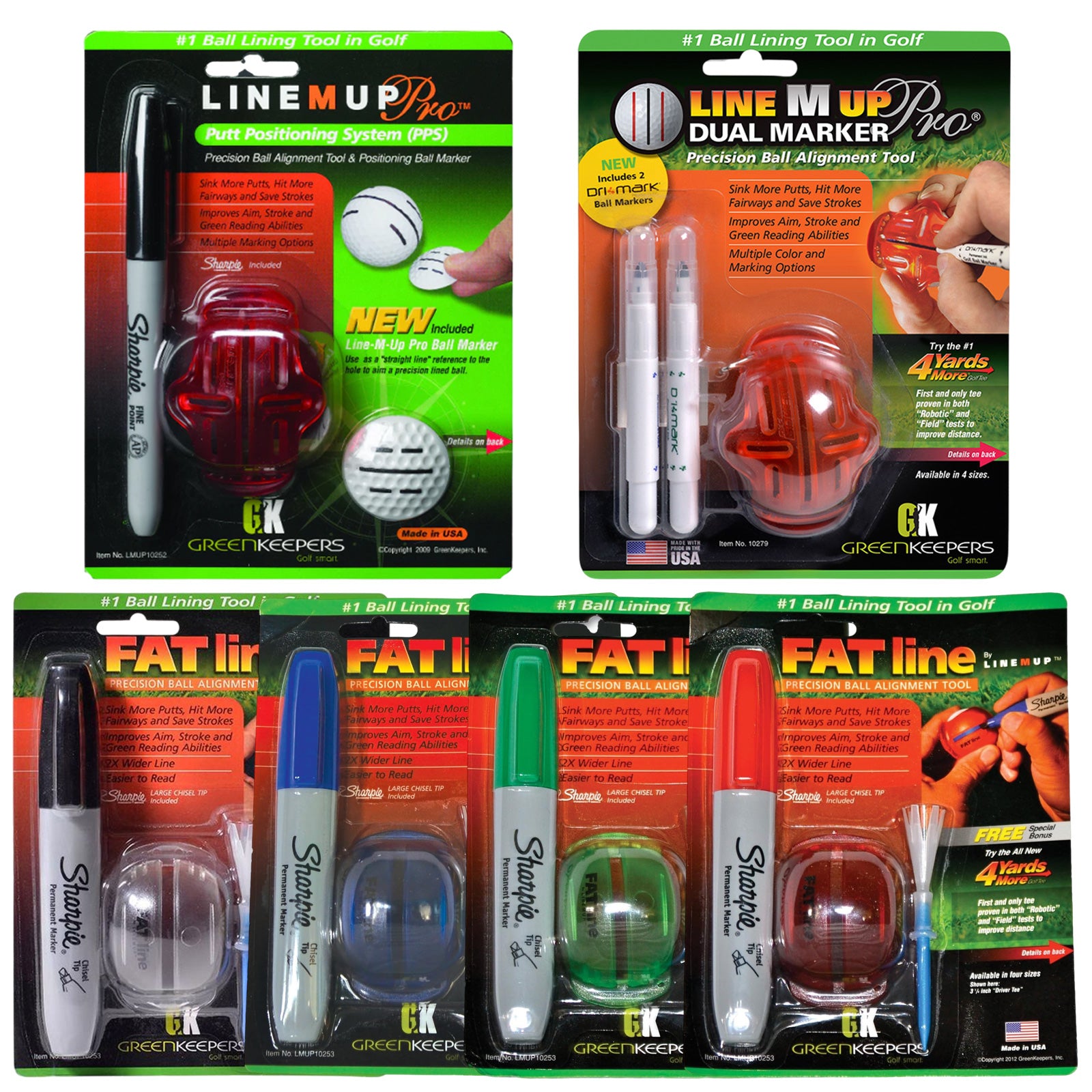 Golf ball alignment tools are displayed in packaging showcasing various markers and aligners for precision in putting. Each package highlights features like improved sinking and accuracy in strokes.