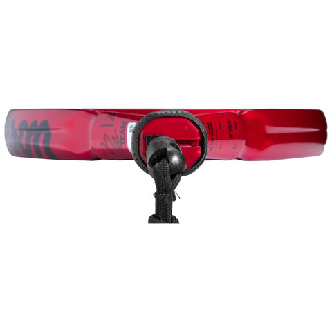 A red paddle is shown with a prominent round attachment at one end and a black cord intertwined, suggesting it is designed for water sports, likely kayaking or paddleboarding.