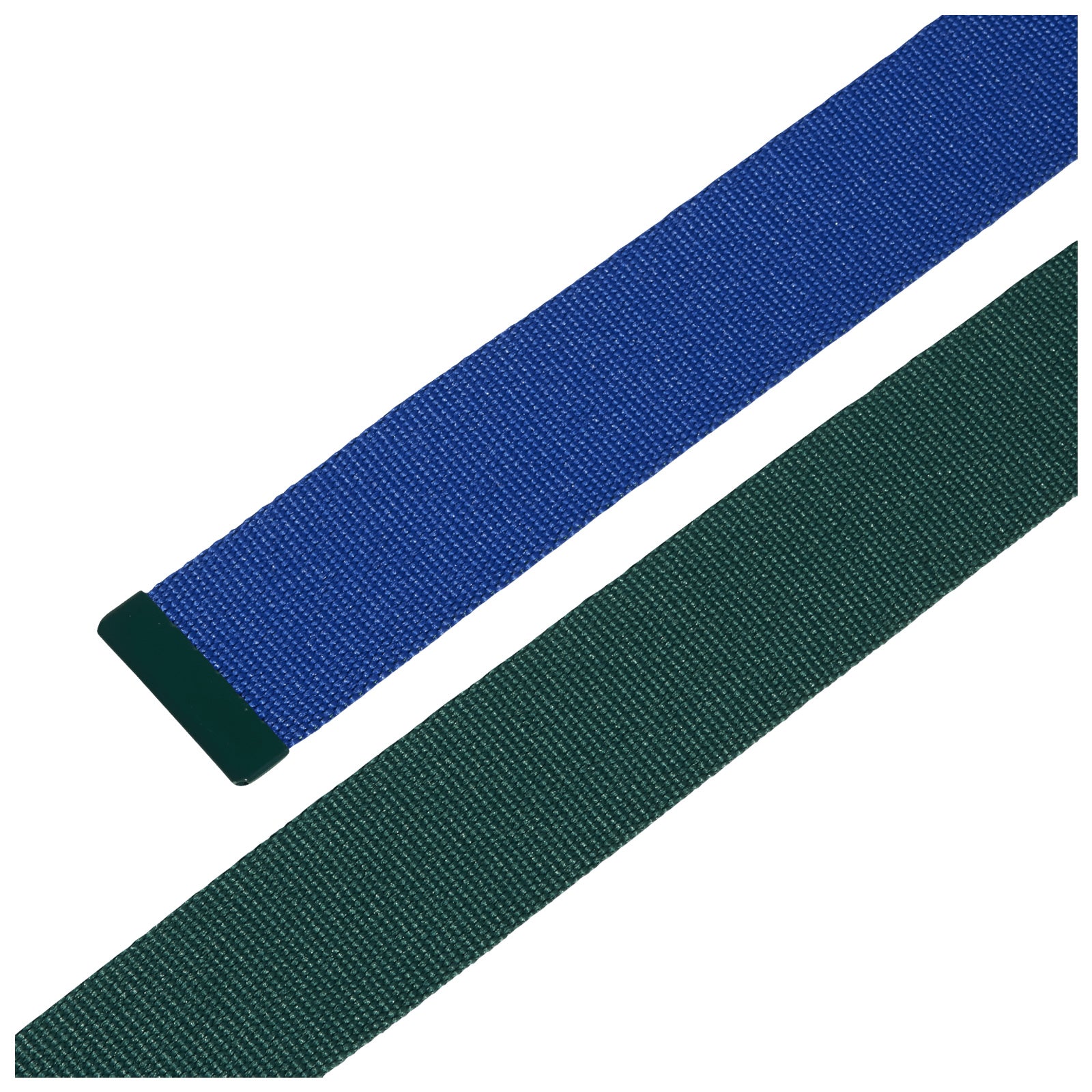 Two fabric straps in blue and green arranged parallel to each other on a plain white background with both straps featuring plastic ends for secure fastening.