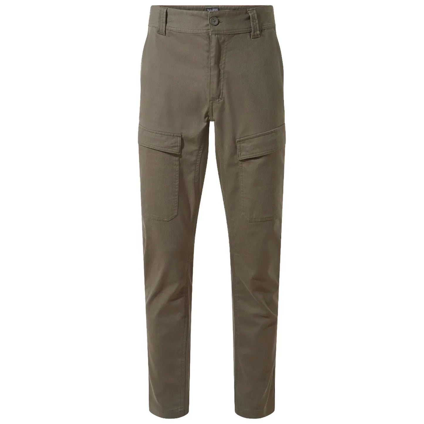 Olive green cargo pants feature a straight leg design with multiple pockets on the sides constructed from durable fabric suitable for casual or outdoor wear.