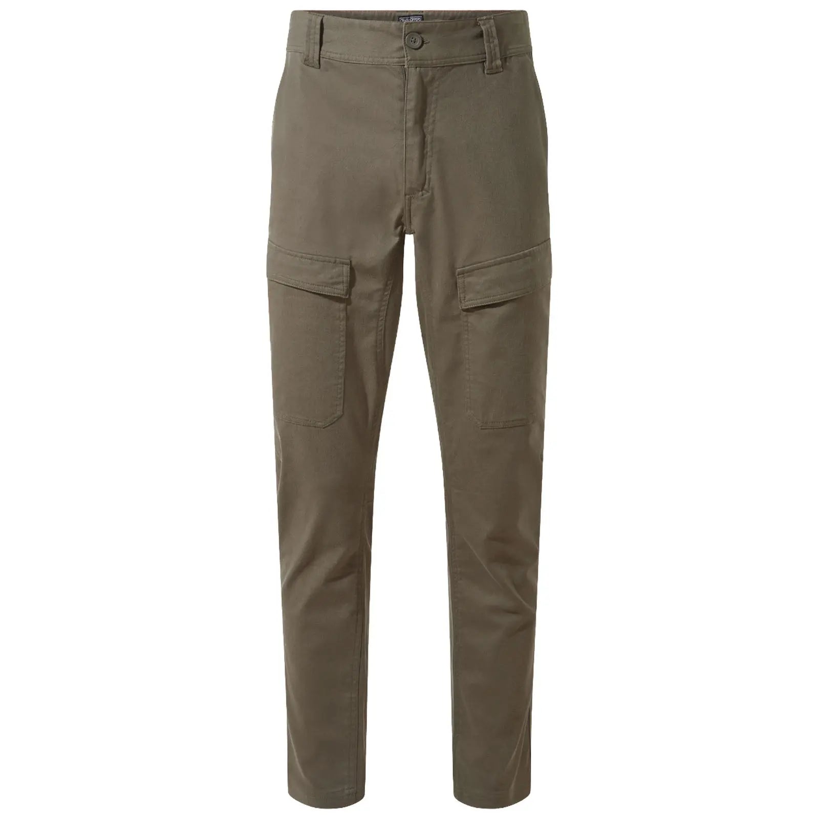 Olive green cargo pants feature a straight leg design with multiple pockets on the sides constructed from durable fabric suitable for casual or outdoor wear.