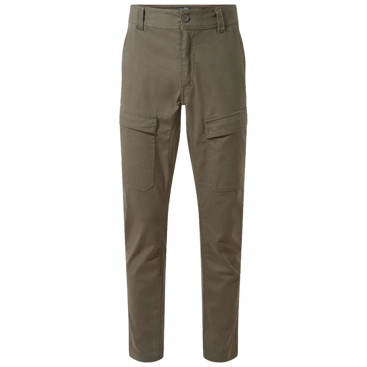 Olive green cargo pants feature a straight leg design with multiple pockets on the sides constructed from durable fabric suitable for casual or outdoor wear.
